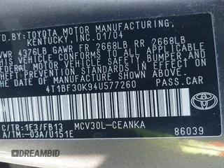 2004 Toyota Camry LE with VIN 4T1BF30K94U577260, listed as a IAAI auction lot 41906287 with 68,499 mi miles. Bid and sale history available at carsss.com. Image 9.