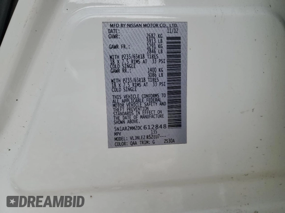 2013 Nissan Pathfinder SV with VIN 5N1AR2MM2DC612848, listed as a Copart auction lot 60896935 with 158,312 mi miles and Clean title. Bid and sale history available at DreamBid. Image 13.