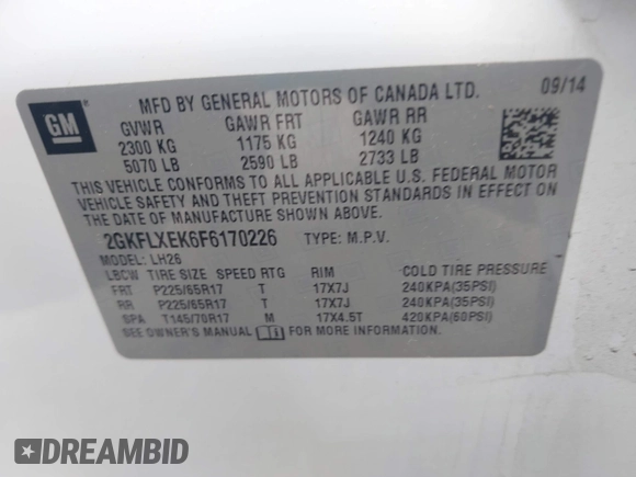 2015 GMC Terrain SLT with VIN 2GKFLXEK6F6170226, listed as a IAAI auction lot 42283566 with 170,655 mi miles and . Bid and sale history available at DreamBid. Image 9.