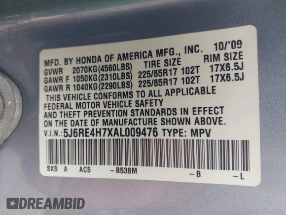 2010 Honda CR-V EX-L with VIN 5J6RE4H7XAL009476, listed as a IAAI auction lot 42662314 with 302,017 mi miles and . Bid and sale history available at DreamBid. Image 9.