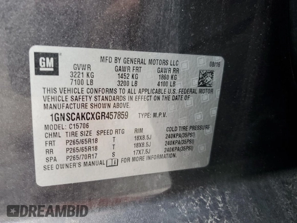 2016 Chevrolet Tahoe LS z VIN 1GNSCAKCXGR457859, wystawiony jako Copart lot #45240765 z przebiegiem Nie podano mil oraz Szkoda całkowita • Salvage title. Historia ofert i sprzedaży dostępna na DreamBid. Obrazek 13.
