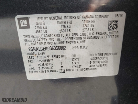 2016 Chevrolet Equinox LT with VIN 2GNALCEK6G6356002, listed as a IAAI auction lot 42072695 with 139,954 mi miles. Bid and sale history available at carsss.com. Image 9.