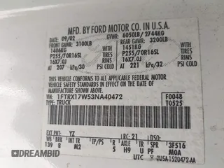 2003 Ford F-150 XL with VIN 1FTRX17W53NA40472, listed as a IAAI auction lot 42491035 with Not provided miles and . Bid and sale history available at DreamBid. Image 9.