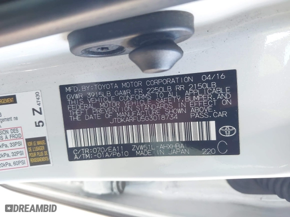 2016 Toyota Prius Four with VIN JTDKARFU5G3018734, listed as a IAAI auction lot 41825707 with 111,564 mi miles. Bid and sale history available at carsss.com. Image 9.