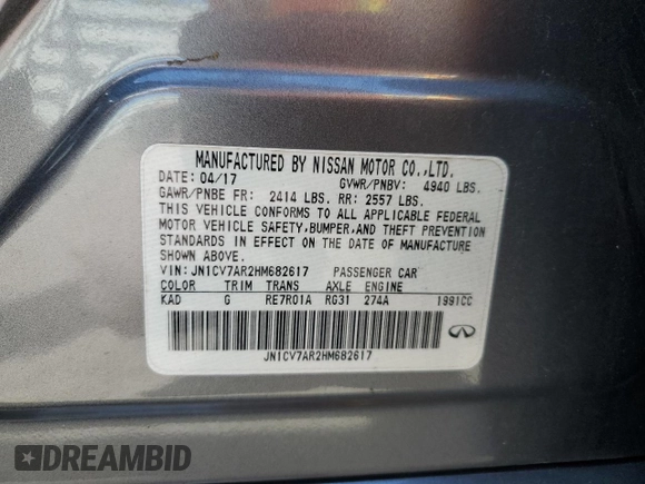 2017 Infiniti Q50 2.0t Premium with VIN JN1CV7AR2HM682617, listed as a Copart auction lot 49390875 with 152,586 mi miles and Salvage Title. Bid and sale history available at carsss.com. Image 12.