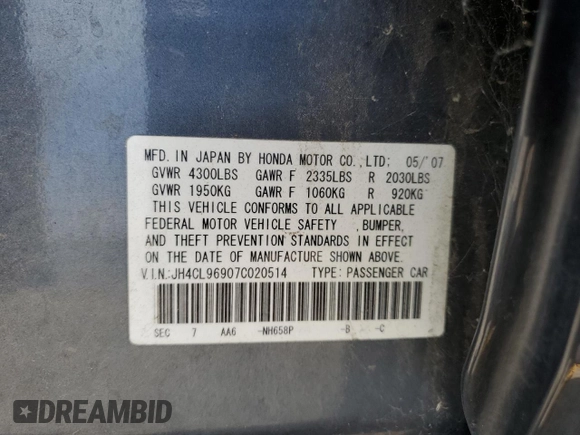 2007 Acura TSX Navi with VIN JH4CL96907C020514, listed as a Copart auction lot 62592535 with 184,157 mi miles and Clean title. Bid and sale history available at DreamBid. Image 12.