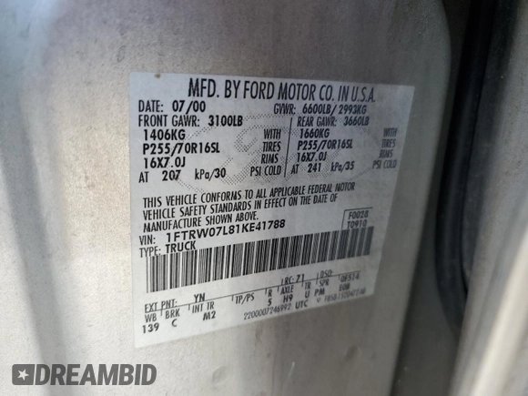 2001 Ford F-150 XLT with VIN 1FTRW07L81KE41788, listed as a Copart auction lot 52493695 with Not provided miles and Salvage title. Bid and sale history available at DreamBid. Image 12.