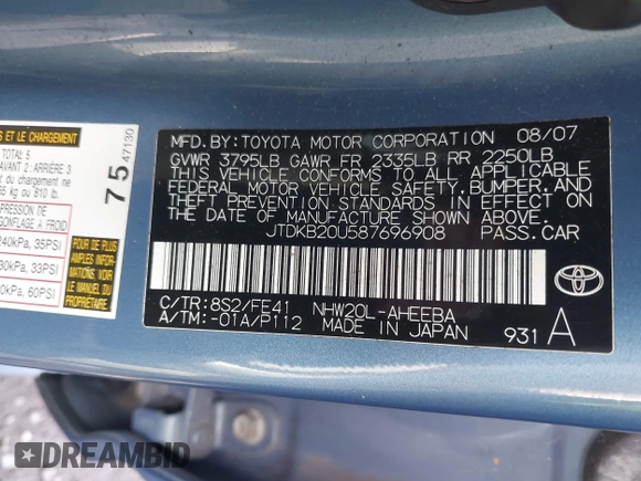 2008 Toyota Prius with VIN JTDKB20U587696908, listed as a IAAI auction lot 41735647 with 222,149 mi miles and . Bid and sale history available at DreamBid. Image 9.