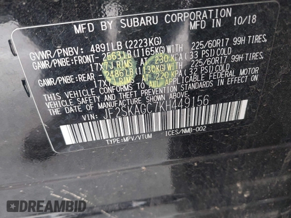 2019 Subaru Forester Premium with VIN JF2SKAGC7KH449156, listed as a IAAI auction lot 42397989 with 99,659 mi miles and . Bid and sale history available at DreamBid. Image 9.