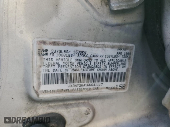 1998 Mitsubishi Mirage DE with VIN JA3AY26A3WU041117, listed as a Copart auction lot 88280675 with 213,243 mi miles and Salvage title. Bid and sale history available at DreamBid. Image 12.