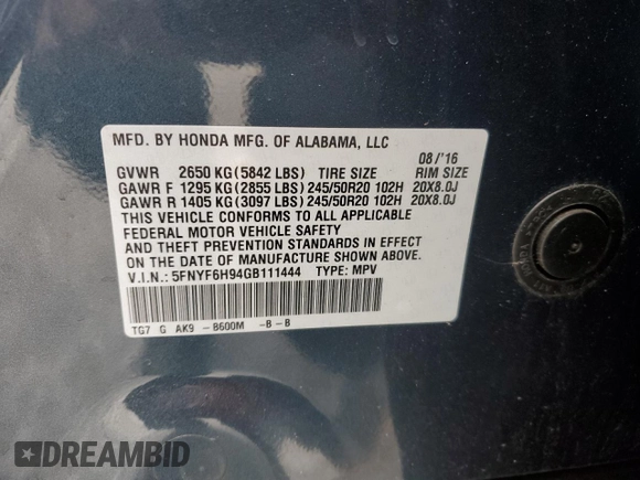 2016 Honda Pilot Touring with VIN 5FNYF6H94GB111444, listed as a Copart auction lot 47936735 with 180,512 mi miles and Salvage Title. Bid and sale history available at carsss.com. Image 12.