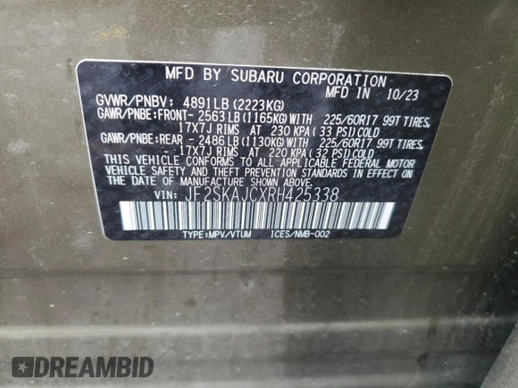 2024 Subaru Forester Wilderness with VIN JF2SKAJCXRH425338, listed as a Copart auction lot 49485195 with 26,530 mi miles and Salvage Title. Bid and sale history available at carsss.com. Image 13.