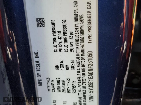 2022 Tesla Model 3 with VIN 5YJ3E1EA0NF361050, listed as a Copart auction lot 62446144 with 38,808 mi miles and Salvage Title. Bid and sale history available at carsss.com. Image 15.