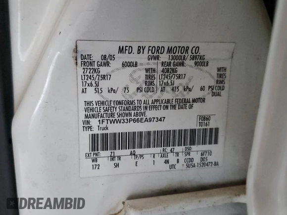 2006 Ford F-350 XL with VIN 1FTWW33P66EA97347, listed as a Copart auction lot 54573915 with 286,058 mi miles and Salvage Title. Bid and sale history available at DreamBid. Image 12.