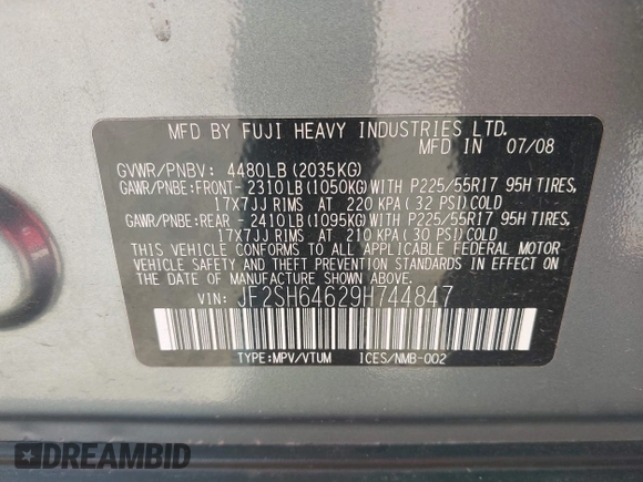 2009 Subaru Forester X Limited с VIN JF2SH64629H744847, выставлен на аукционе IAAI как лот 42231778 с пробегом 172 139 миль миль и . История ставок и продаж доступна на DreamBid. Изображение 9.