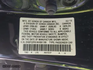 2019 Honda Civic Sedan LX with VIN 2HGFC2F61KH561199, listed as a IAAI auction lot 41754093 with 43,779 mi miles. Bid and sale history available at carsss.com. Image 9.
