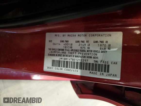 2014 Mazda 3 i Touring with VIN JM1BM1V78E1212297, listed as a Copart auction lot 52563265 with 178,192 mi miles and Salvage Title. Bid and sale history available at DreamBid. Image 12.