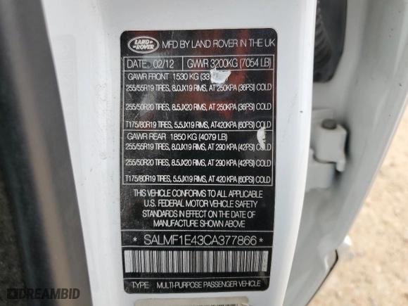 2012 Land Rover Range Rover SC with VIN SALMF1E43CA377866, listed as a Copart auction lot 46449725 with 179,514 mi miles and Salvage Title. Bid and sale history available at carsss.com. Image 13.