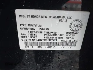 2012 Honda Pilot LX with VIN 5FNYF4H22CB505543, listed as a IAAI auction lot 41771774 with 81,580 mi miles and . Bid and sale history available at carsss.com. Image 9.