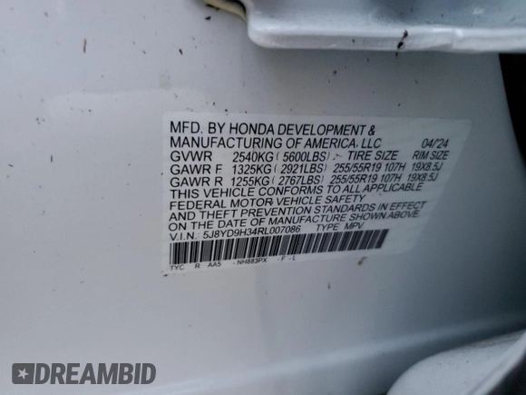 2024 Acura MDX с VIN 5J8YD9H34RL007086, выставлен на аукционе Copart как лот 79624004 с пробегом Не указан миль и На запчасти • Non repairable. История ставок и продаж доступна на DreamBid. Изображение 14.
