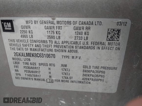 2012 GMC Terrain SLE-1 with VIN 2GKALMEK8C6310670, listed as a IAAI auction lot 42735455 with 192,288 mi miles and . Bid and sale history available at DreamBid. Image 9.