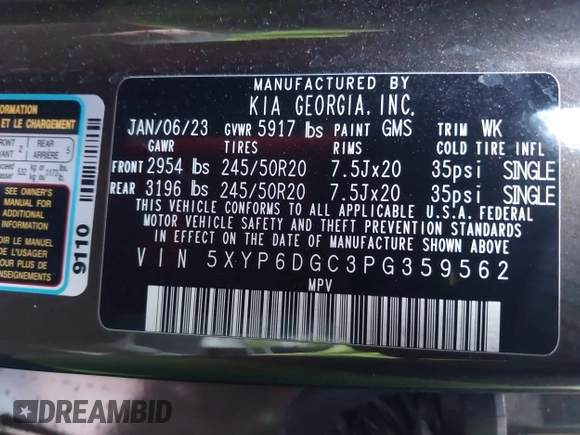 2023 Kia Telluride S с VIN 5XYP6DGC3PG359562, выставлен на аукционе IAAI как лот 41932642 с пробегом 46 681 миль миль и . История ставок и продаж доступна на DreamBid. Изображение 9.