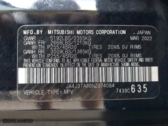 2022 Mitsubishi Outlander ES with VIN JA4J3TA86NZ074084, listed as a IAAI auction lot 41486643 with 148,853 mi miles. Bid and sale history available at carsss.com. Image 9.
