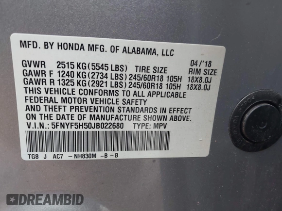 2018 Honda Pilot EX-L with VIN 5FNYF5H50JB022680, listed as a IAAI auction lot 41919787 with 159,205 mi miles and . Bid and sale history available at DreamBid. Image 9.