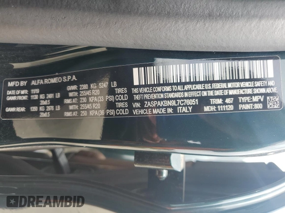 2020 Alfa Romeo Stelvio Ti z VIN ZASPAKBN9L7C76051, wystawiony jako Copart lot #46077985 z przebiegiem 61 261 mil mil oraz Szkoda całkowita • Salvage title. Historia ofert i sprzedaży dostępna na DreamBid. Obrazek 13.