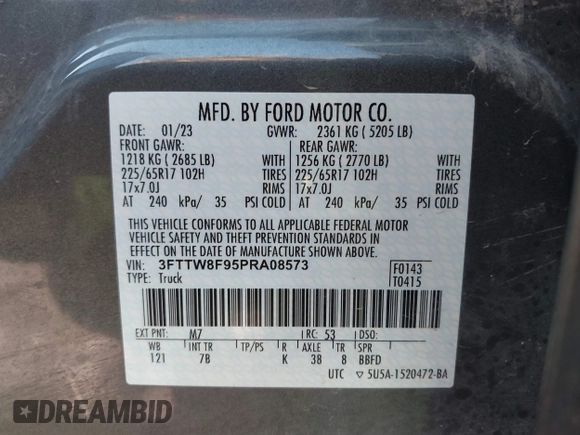 2023 Ford Maverick XL with VIN 3FTTW8F95PRA08573, listed as a IAAI auction lot 40741621 with 50,702 mi miles and . Bid and sale history available at DreamBid. Image 9.
