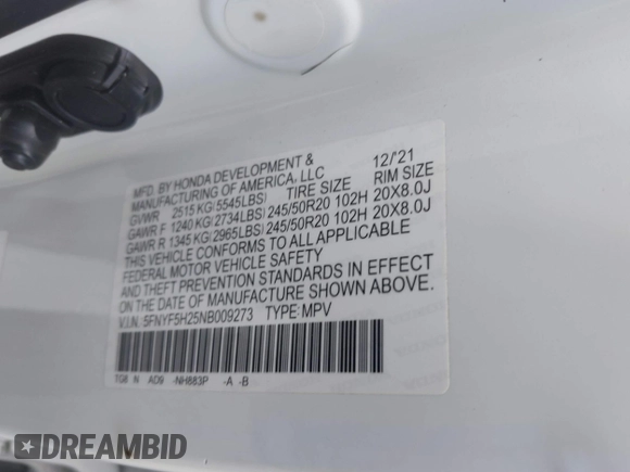 2022 Honda Pilot Special Edition with VIN 5FNYF5H25NB009273, listed as a IAAI auction lot 40433045 with Not Provided miles and . Bid and sale history available at DreamBid. Image 9.