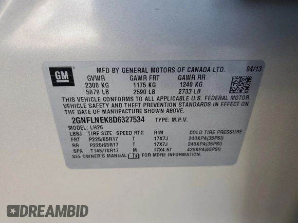 2013 Chevrolet Equinox LT with VIN 2GNFLNEK8D6327534, listed as a Copart auction lot 47427395 with 111,531 mi miles and Salvage Title. Bid and sale history available at DreamBid. Image 12.