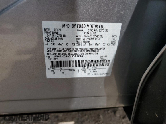 2020 Ford Edge SEL z VIN 2FMPK3J95LBA92101, wystawiony jako Copart lot #58398925 z przebiegiem 41 381 mil mil oraz Szkoda całkowita • Salvage title. Historia ofert i sprzedaży dostępna na DreamBid. Obrazek 13.