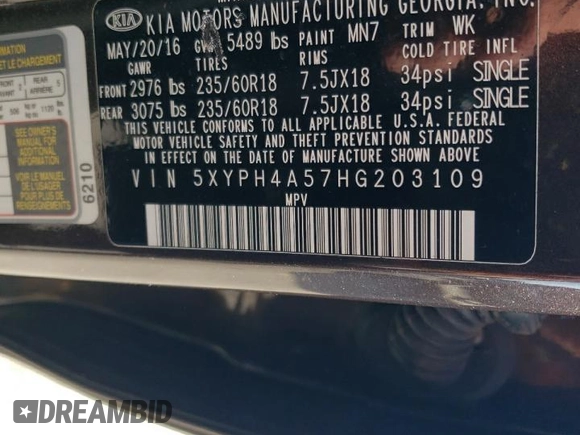 2017 Kia Sorento EX V6 with VIN 5XYPH4A57HG203109, listed as a Copart auction lot 50615625 with 133,500 mi miles and Clean Title. Bid and sale history available at carsss.com. Image 13.