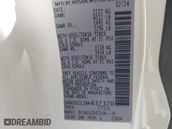 2024 Nissan Frontier S with VIN 1N6ED1CL1RN637370, listed as a IAAI auction lot 42368622 with 43,413 mi miles and . Bid and sale history available at DreamBid. Image 9.