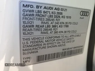 2021 Audi Q8 Premium Plus with VIN WA1BVAF18MD032042, listed as a Copart auction lot 47870175 with 65,764 mi miles and Salvage Title. Bid and sale history available at carsss.com. Image 14.