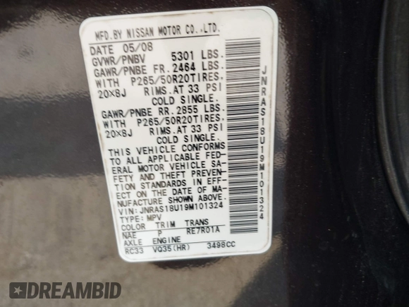 2009 Infiniti FX with VIN JNRAS18U19M101324, listed as a IAAI auction lot 42419224 with 227,427 mi miles and . Bid and sale history available at DreamBid. Image 9.