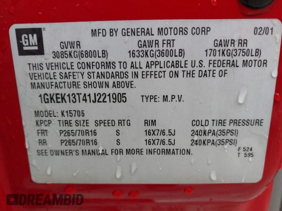 2001 GMC Yukon SLT with VIN 1GKEK13T41J221905, listed as a IAAI auction lot 41512380 with 213,666 mi miles. Bid and sale history available at carsss.com. Image 9.