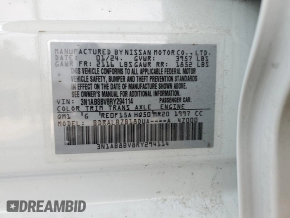 2024 Nissan Sentra S z VIN 3N1AB8BV8RY294114, wystawiony jako Copart lot #59166025 z przebiegiem 23 806 mil mil oraz Czysty tytuł • Clean title. Historia ofert i sprzedaży dostępna na DreamBid. Obrazek 12.