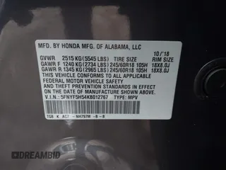 2019 Honda Pilot EX-L z VIN 5FNYF5H54KB012767, wystawiony jako IAAI lot #41479345 z przebiegiem 86 010 mil mil oraz . Historia ofert i sprzedaży dostępna na DreamBid. Obrazek 9.