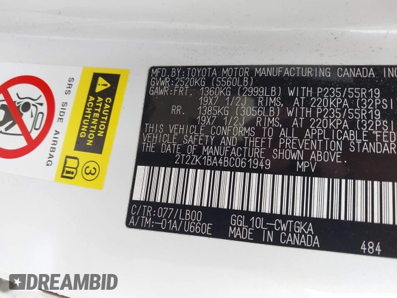 2011 Lexus RX 350 with VIN 2T2ZK1BA4BC061949, listed as a IAAI auction lot 42433816 with 165,899 mi miles and . Bid and sale history available at DreamBid. Image 9.