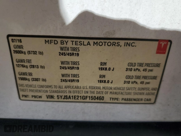 2016 Tesla Model S 90D with VIN 5YJSA1E21GF150460, listed as a Copart auction lot 48160495 with 84,761 mi miles and Salvage Title. Bid and sale history available at DreamBid. Image 13.