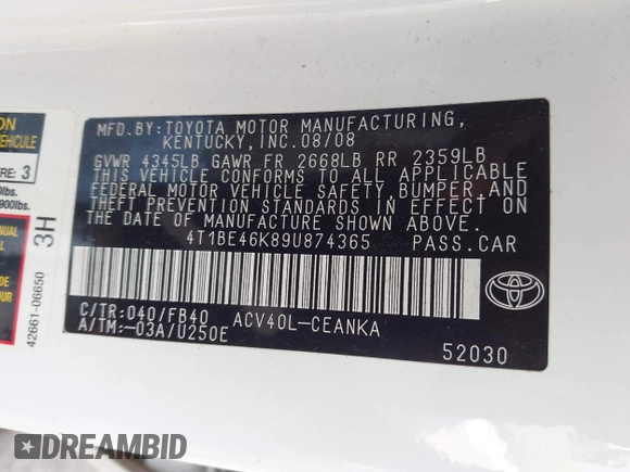 2009 Toyota Camry with VIN 4T1BE46K89U874365, listed as a IAAI auction lot 41791940 with 175,514 mi miles. Bid and sale history available at carsss.com. Image 9.