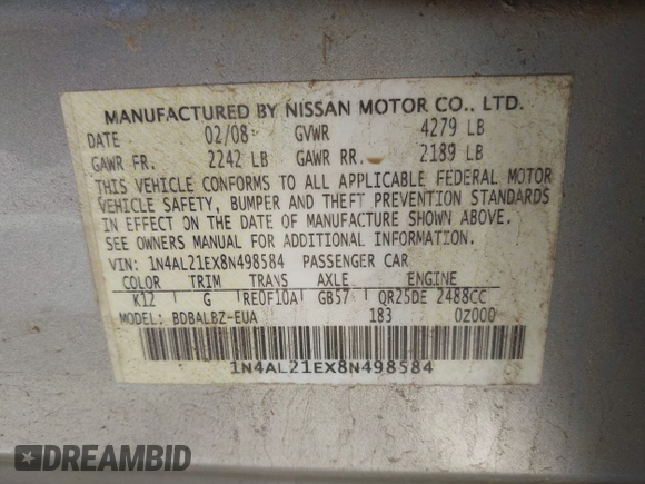 2008 Nissan Altima SL with VIN 1N4AL21EX8N498584, listed as a IAAI auction lot 41861570 with 168,403 mi miles and . Bid and sale history available at DreamBid. Image 9.