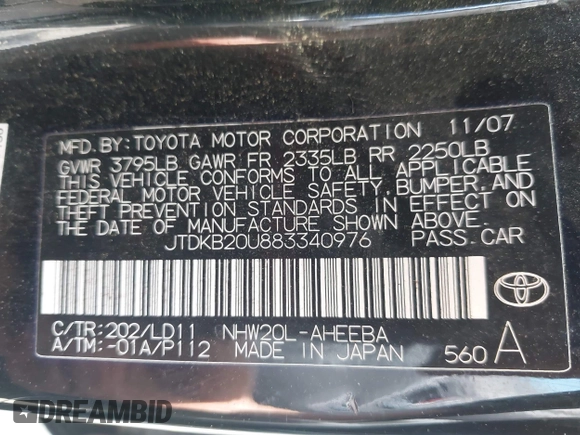 2008 Toyota Prius with VIN JTDKB20U883340976, listed as a IAAI auction lot 42264241 with 166,352 mi miles and . Bid and sale history available at DreamBid. Image 9.