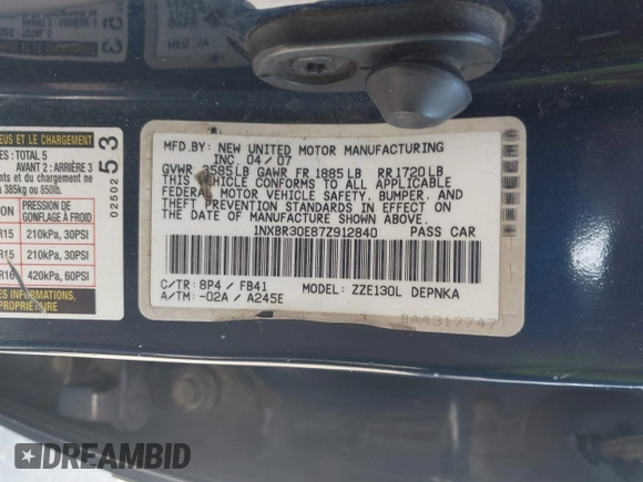 2007 Toyota Corolla CE with VIN 1NXBR30E87Z912840, listed as a IAAI auction lot 41982315 with 220,727 mi miles and . Bid and sale history available at DreamBid. Image 9.