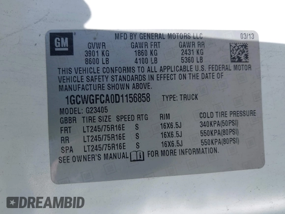 2013 Chevrolet Express Cargo Van with VIN 1GCWGFCA0D1156858, listed as a IAAI auction lot 42095785 with 223,413 mi miles. Bid and sale history available at carsss.com. Image 9.