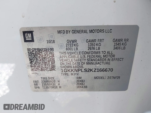 2019 GMC Acadia Denali with VIN 1GKKNPLS2KZ166670, listed as a IAAI auction lot 41673866 with 79,723 mi miles and . Bid and sale history available at carsss.com. Image 9.