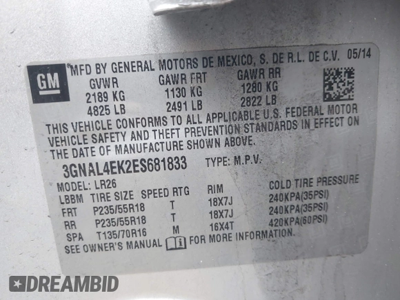 2014 Chevrolet Captiva Sport LTZ with VIN 3GNAL4EK2ES681833, listed as a IAAI auction lot 42210350 with 90,296 mi miles and . Bid and sale history available at DreamBid. Image 9.