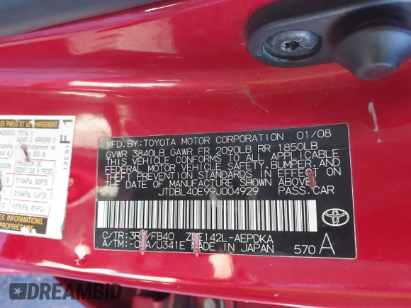 2009 Toyota Corolla with VIN JTDBL40E99J004929, listed as a IAAI auction lot 41210936 with 135,663 mi miles. Bid and sale history available at carsss.com. Image 9.